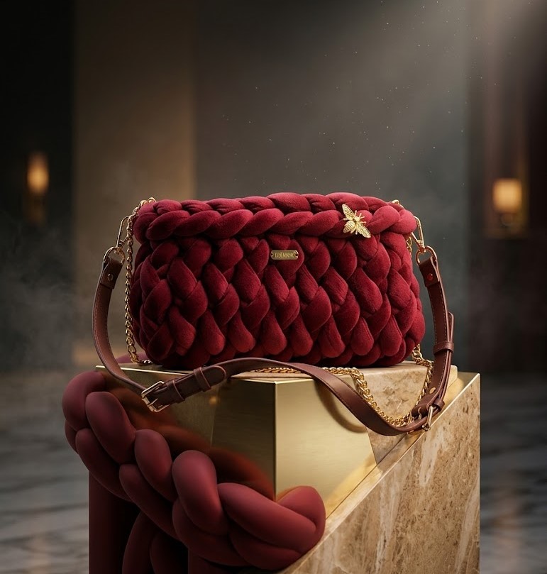 ##Le Rubis – Sac Velvet Chunky Knit Bordeaux & Abeille Dorée##